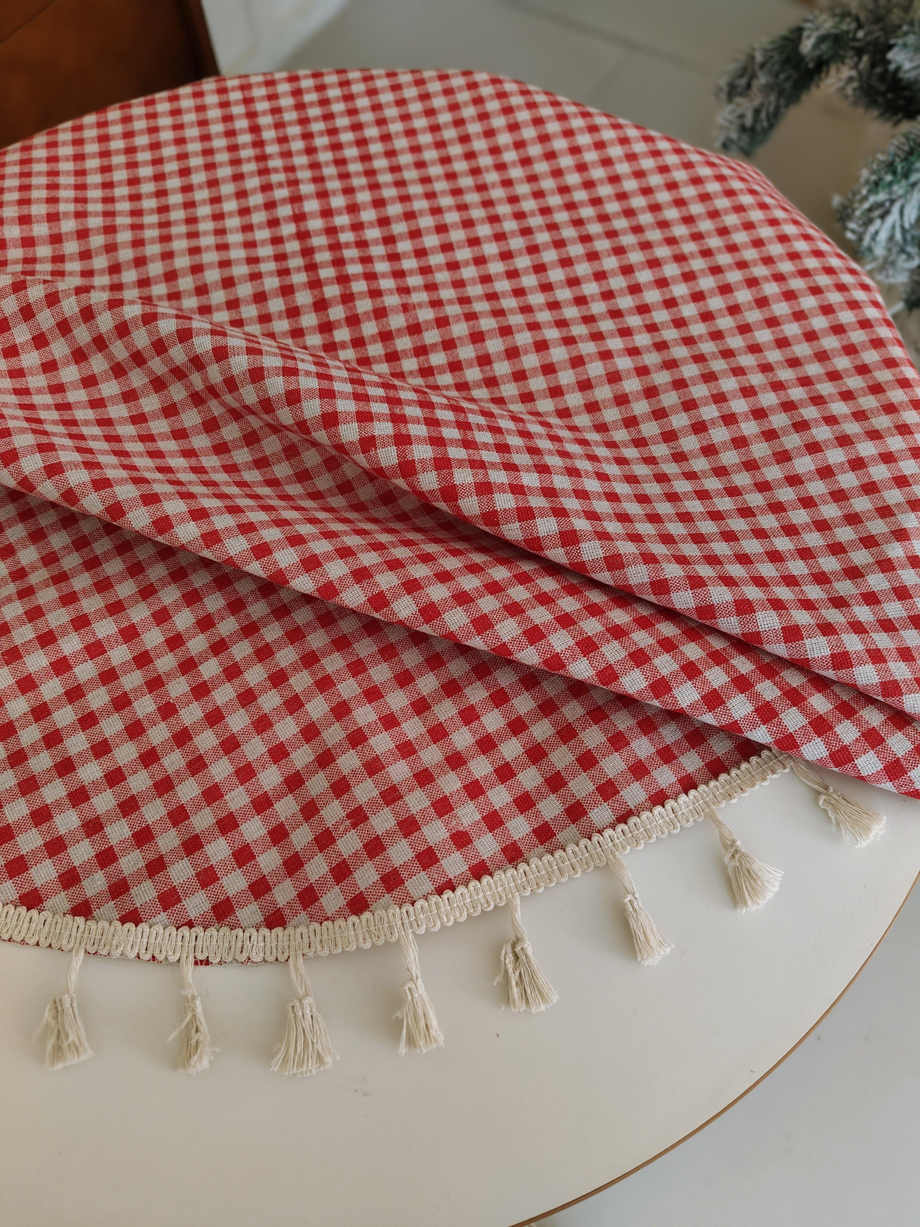 1pc Plaid Round Tablecloth, Durable Machine Woven Holiday Table Cover, Easy Clean, Handmade Fringe Design, Elegant Home Decor