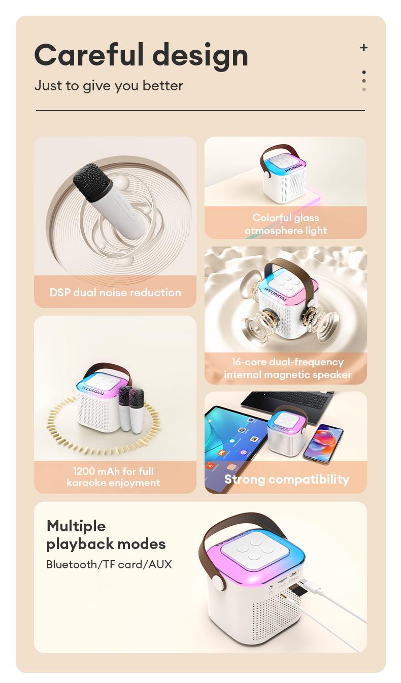 HYUNDAI S13 Portable Wireless Karaoke Bluetooth Speaker With Microphone HIFI Stereo Sound Subwoofers, KTV Speaker Subwoofer With Lighting Effect