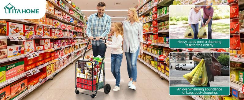 Yitahome Folding Shopping Cart with Wheels, Rolling Foldable Grocery Cart for Seniors, Portable Collapsible Utility Cart for Shopping Groceries Laundry Storage Organizer