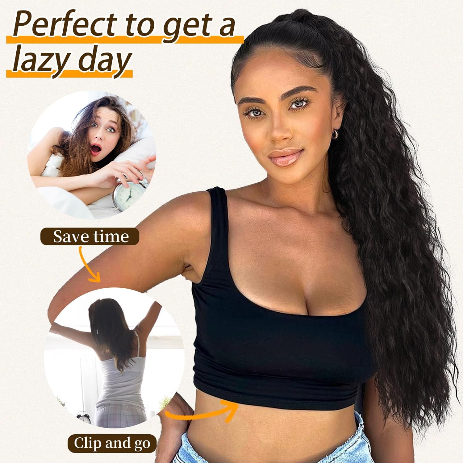 Ponytail Extension Claw 30 Inch Curly Ponytail Clip in Claw Hair Extensions Fluffy Black Brown Natural Looking Synthetic Hairpiece for Women (Ombre Brown Mix Blonde)