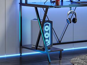 sedeta Gaming Table 70.8 in. with LED Lights and Storage Shelf Computer Table with Monitor Stand, Power Outlet and Cup Holder Ergonomic Table