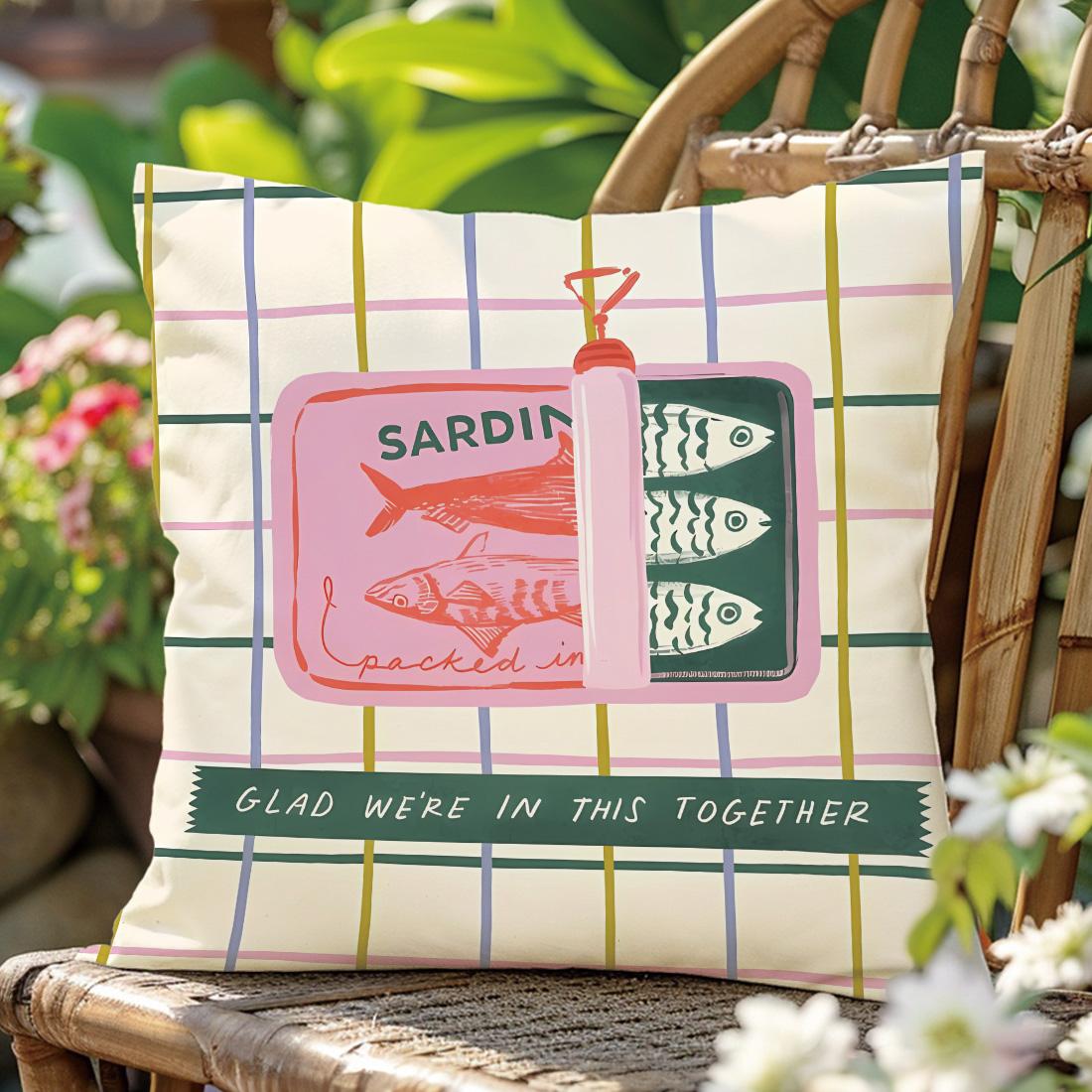Sardine Can Illustration Pillow Cover, Single-Sided Print, Home Decor for Living Room Bedroom, No Insert Included