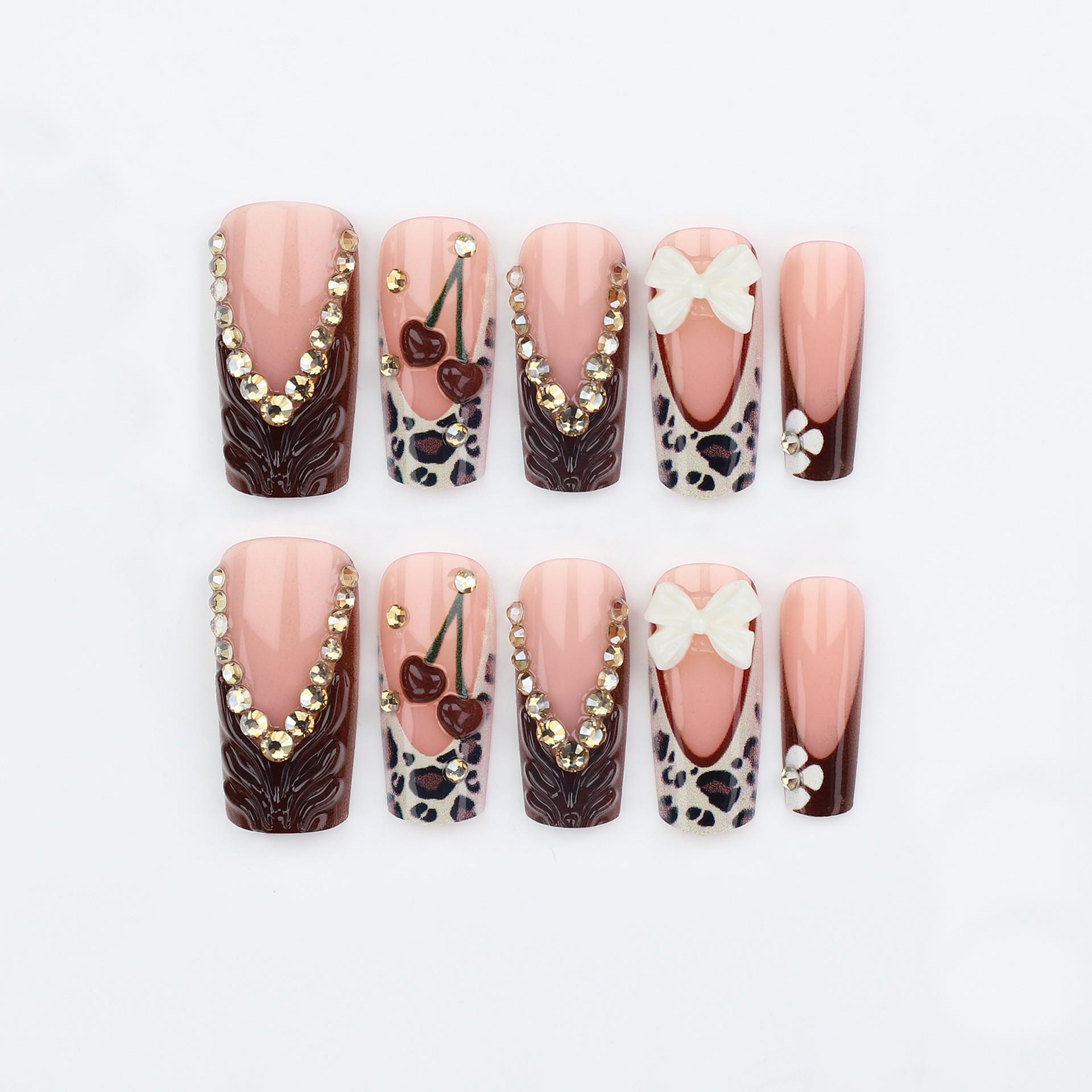 New Fashion Square Leopard Print Cherry Nail Tips, Nude Base with Wine Leopard Edge, Glitter Butterfly Design, Detachable False Nails