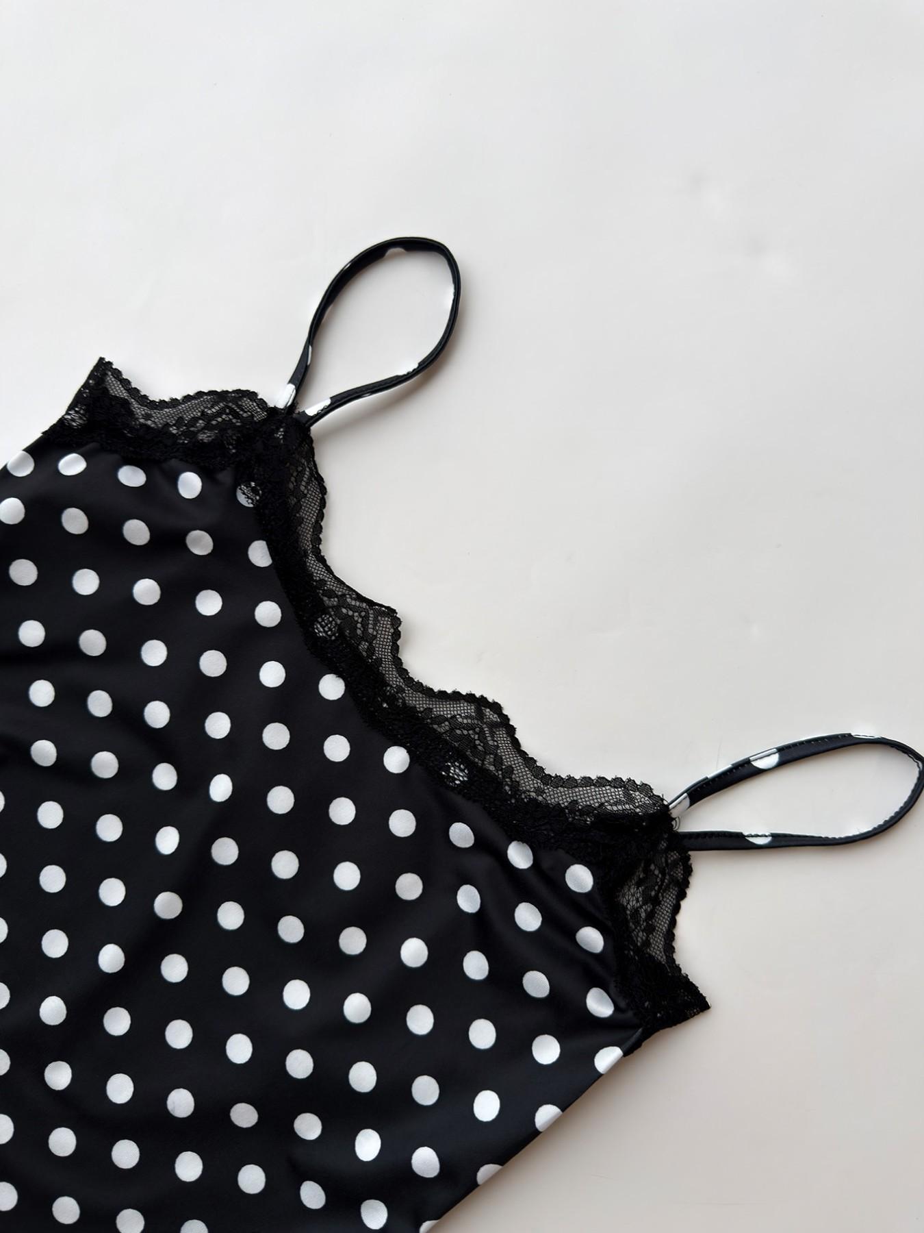 Black White Polka Dot Deep Plunge Bodysuit Women Lace Trim Spaghetti Strap Slim Fit One Piece Teddy Deep V Neck Stretch Bodycon Y2K Sexy Going Out Clubwear Lingerie Inspired Sleeveless Fashion Top Casual Streetwear Bodysuit