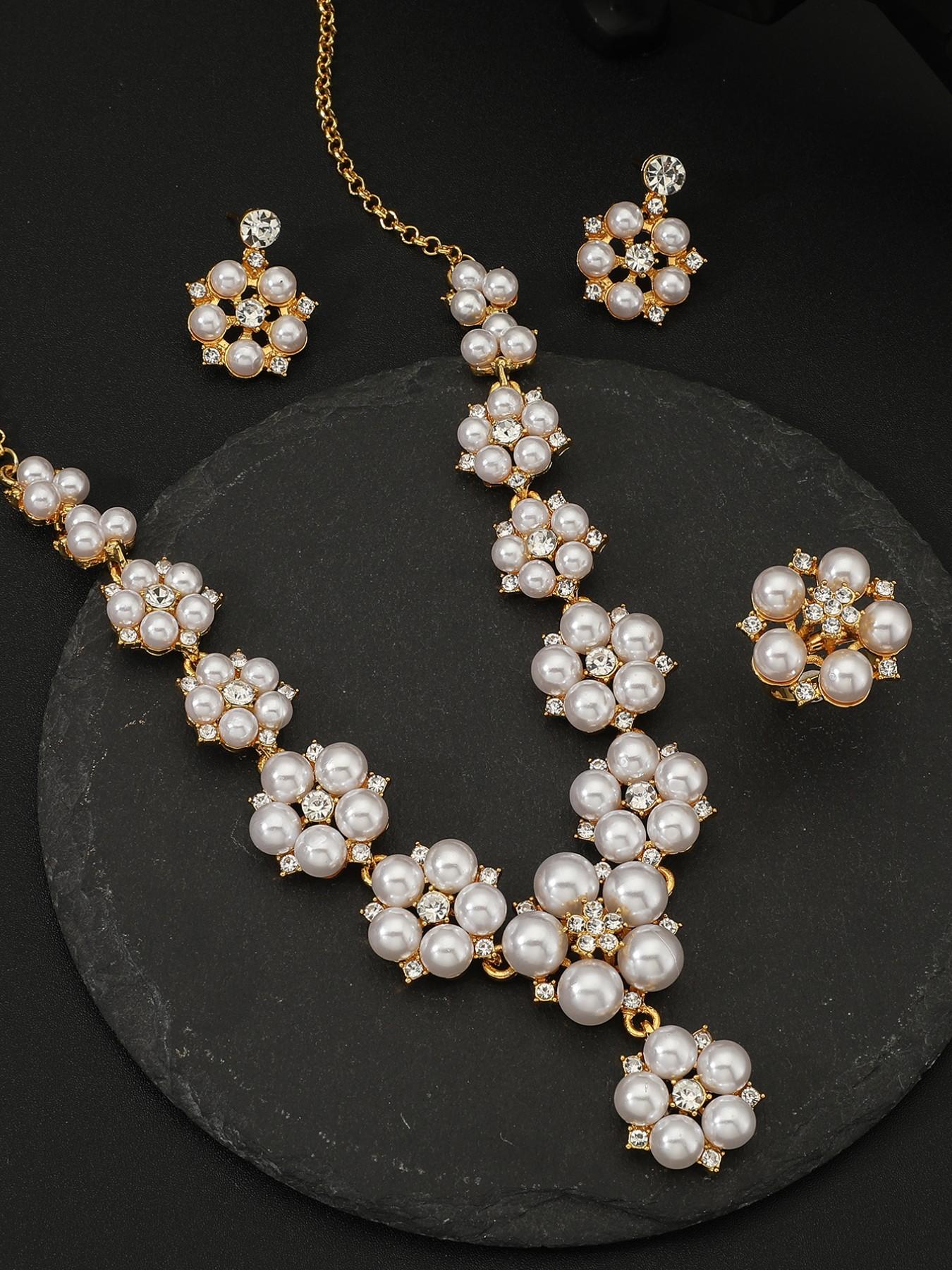 French Elegance Pearl Three-Piece Set, 18k Gold Plated Necklace Earrings Ring, Casual All-Season Accessories, Choker Chain Material