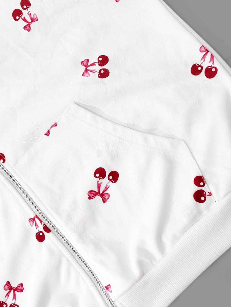 Oversized Cherry Print Zip-Up Hoodies for Women | Soft Fleece Long Sleeve Casual Hooded Sweatshirts | Loose Fit Daily Streetwear | Single Piece | White & Red Cherry Pattern Style | Graphic Hoodies