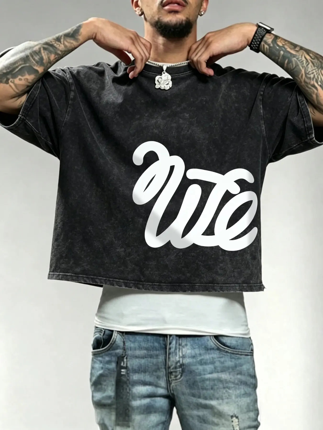 Men's washed, distressed cotton T-shirt featuring a boxy, cropped fit and heavyweight cotton fabric; designed with a minimalist slogan graphic—perfect for casual daily wear, commuting, or street-style looks.