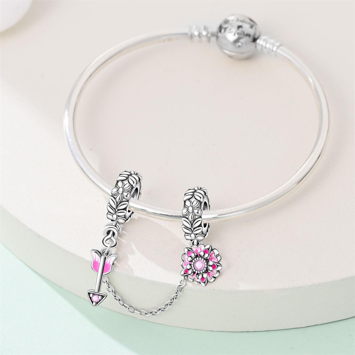 Single Piece Flower Safety Chain Charm, Dragonfly Cherry Blossom Arrow Design, Botanical Floral Jewelry for Pandora Bracelet