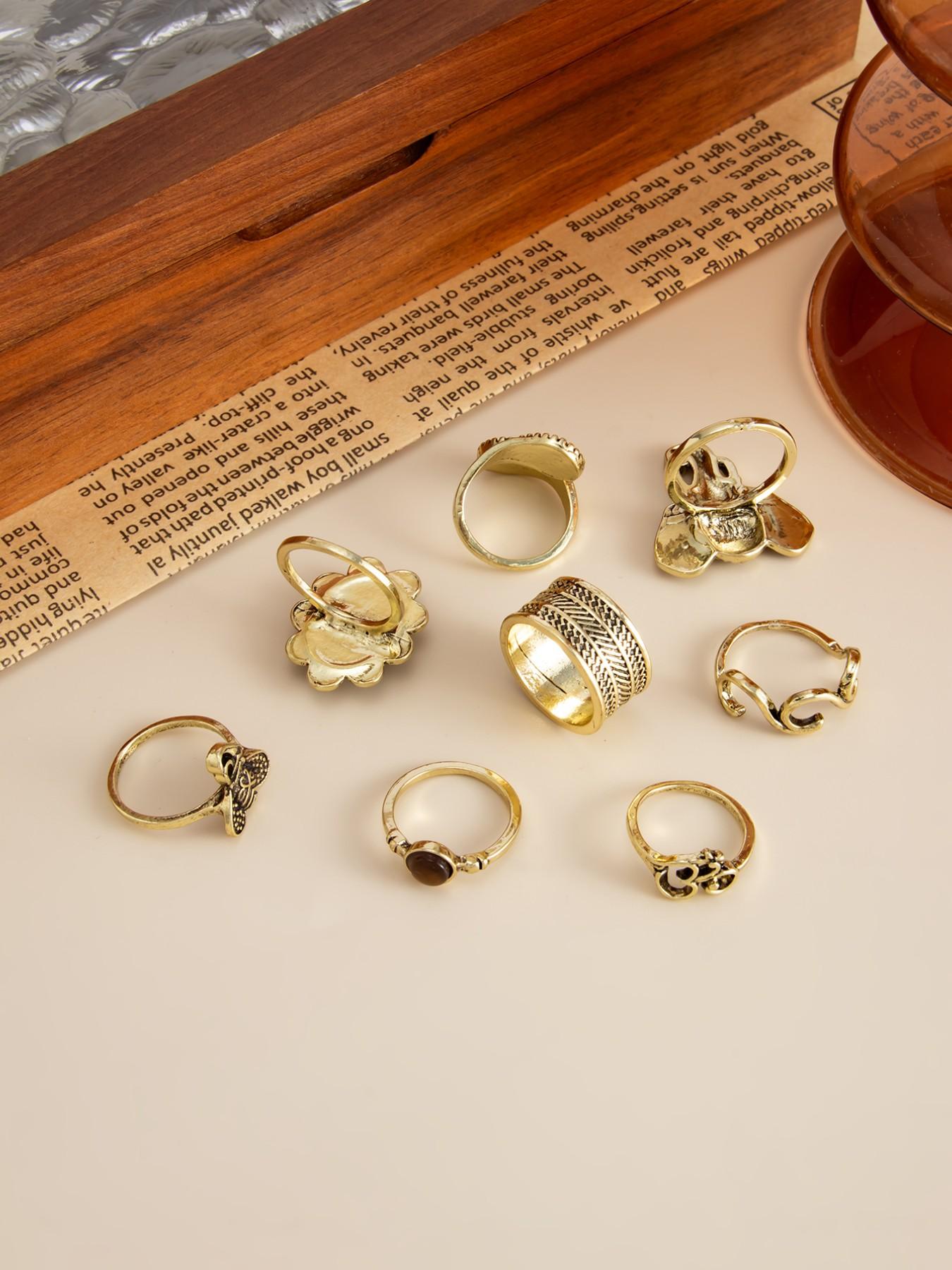8-Piece Vintage Gemstone Ring Set, Metal Elephant Joint Rings, Punk Style, All Seasons, Perfect Gift, Streetwear Jewelry