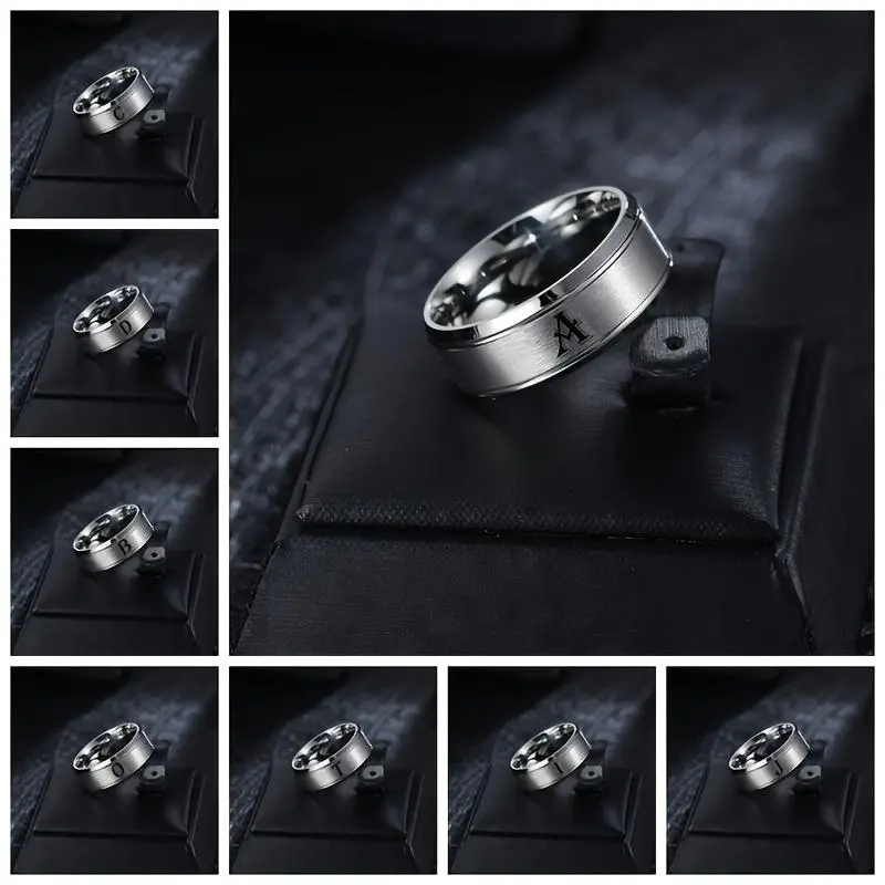 Men's Stainless Steel 26-Letter Adjustable Ring - Double Beveled Frosted Double Line Design, Fashionable Wedding Ring (Sizes 6-13), Steel Rings, Adjustable Stainless Steel Rings