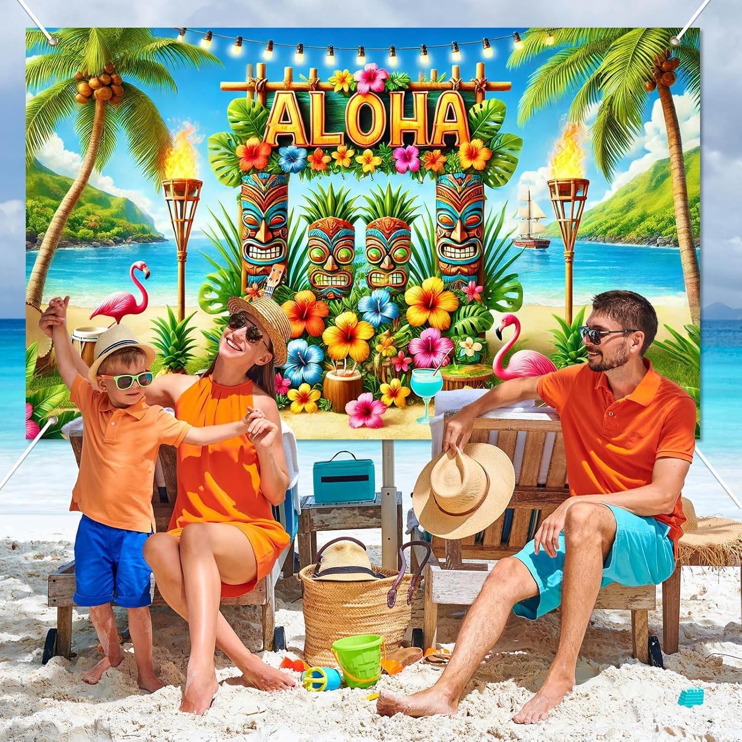 Aloha Hawaii Backdrop Banner, Beach Tropical Photography Decoration, Summer Hawaiian Flamingo Floral Palm Leaves, Party Supplies