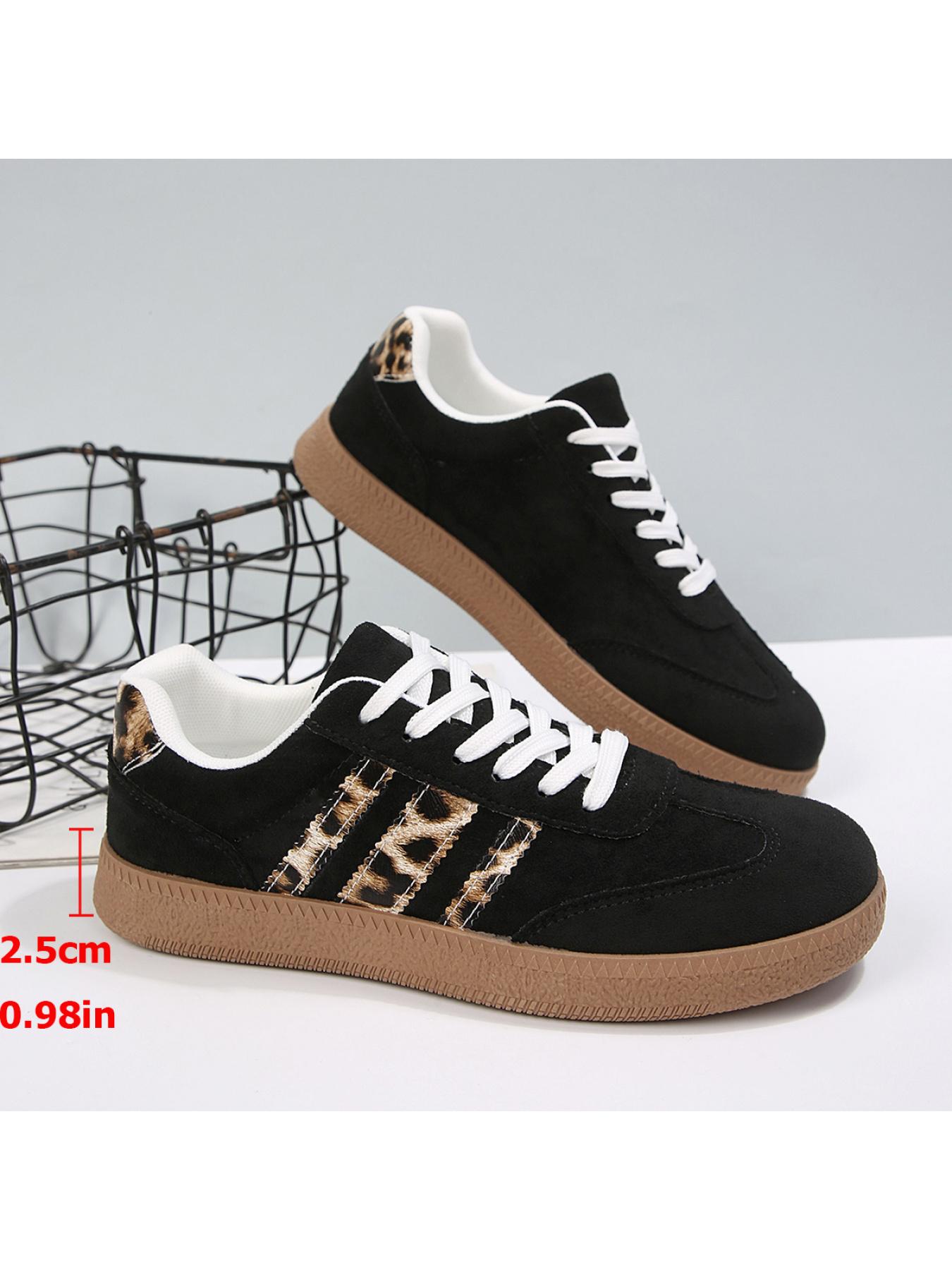 Women's 2.5cm Platform Leopard Print Sneakers, Black/Beige, Retro 3-Stripe Casual Shoes