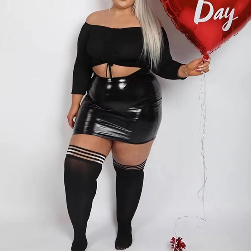 【UrbanFit Women】Plus Size - Plus Size - High Waisted Faux Leather Mini Skirt Women'S Plus Size Tight Faux Leather Skirt Women'S Plus Size Hip Hugging Skirt Clothing