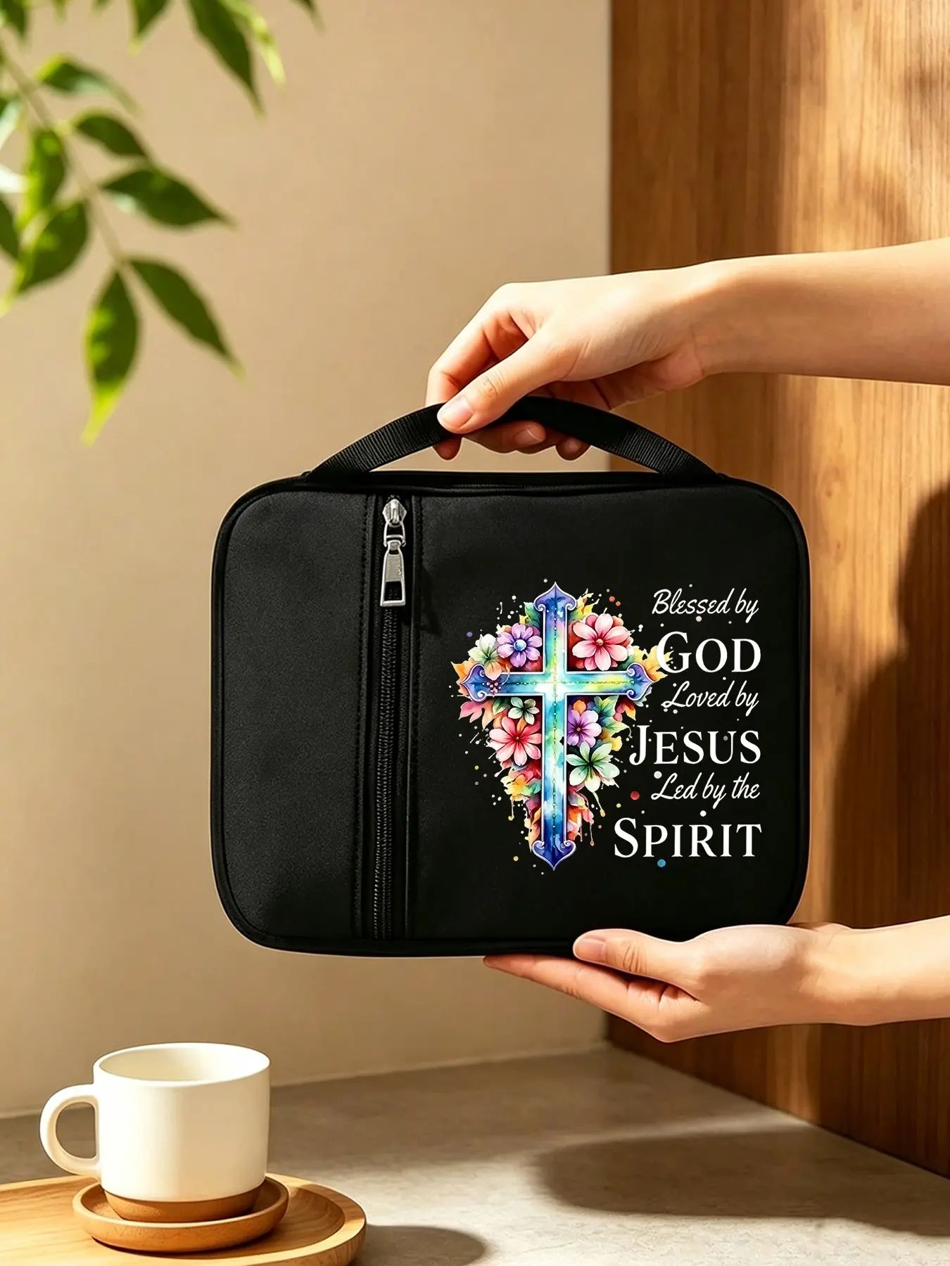 Colorful Floral Cross Bible Storage Bag, Durable Large Capacity Book Protector, Christian Believer's Portable Bible Case, Church Worship Gear