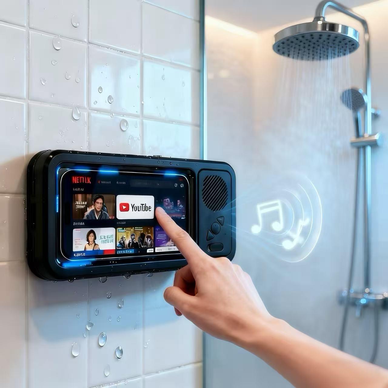 Waterproof Box Bluetooth Wireless Speaker with 360° Rotating Touch Screen, Bathroom Shower TV and Phone Holder Speaker for Watching Movies, Listening to Music, Suitable for Swimming Pool, Kitchen and Bathroom