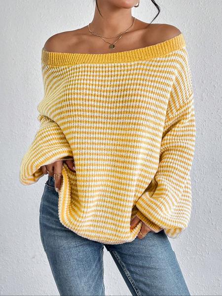 Women's Striped Drop-Shoulder Sweater, Casual Bishop Sleeve Boat Neck Jumper for Daily Outdoor Wear, Ladies Knitwear for All Seasons, Womenswear, Tops