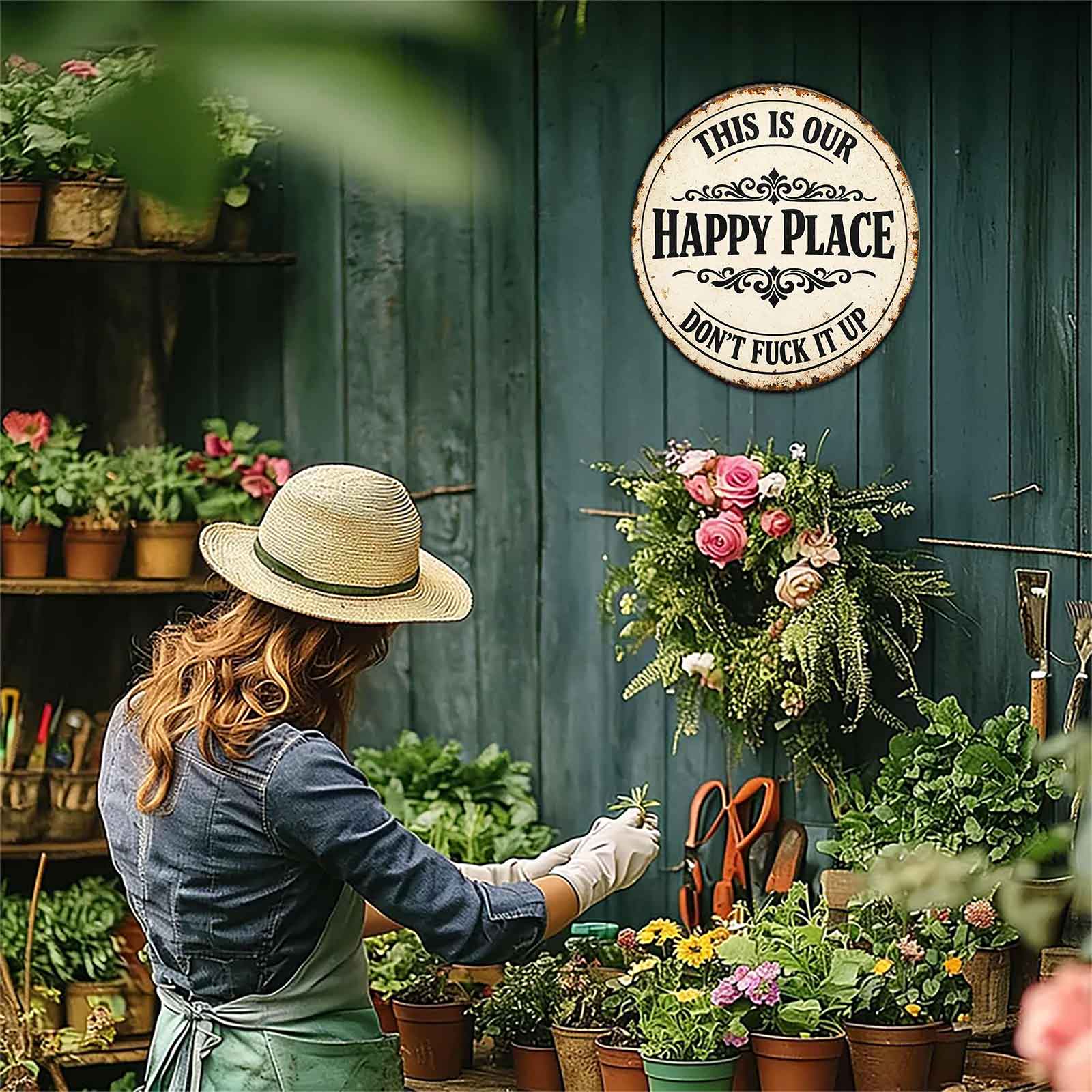 This Is Our Happy Place Don't Fuck It Up Round 8x8 Inch Aluminum Metal Sign - Vintage Rustic Wall Decor for Home, Family Room, Living Room, She Shed - Sarcastic Attitude Tin Sign