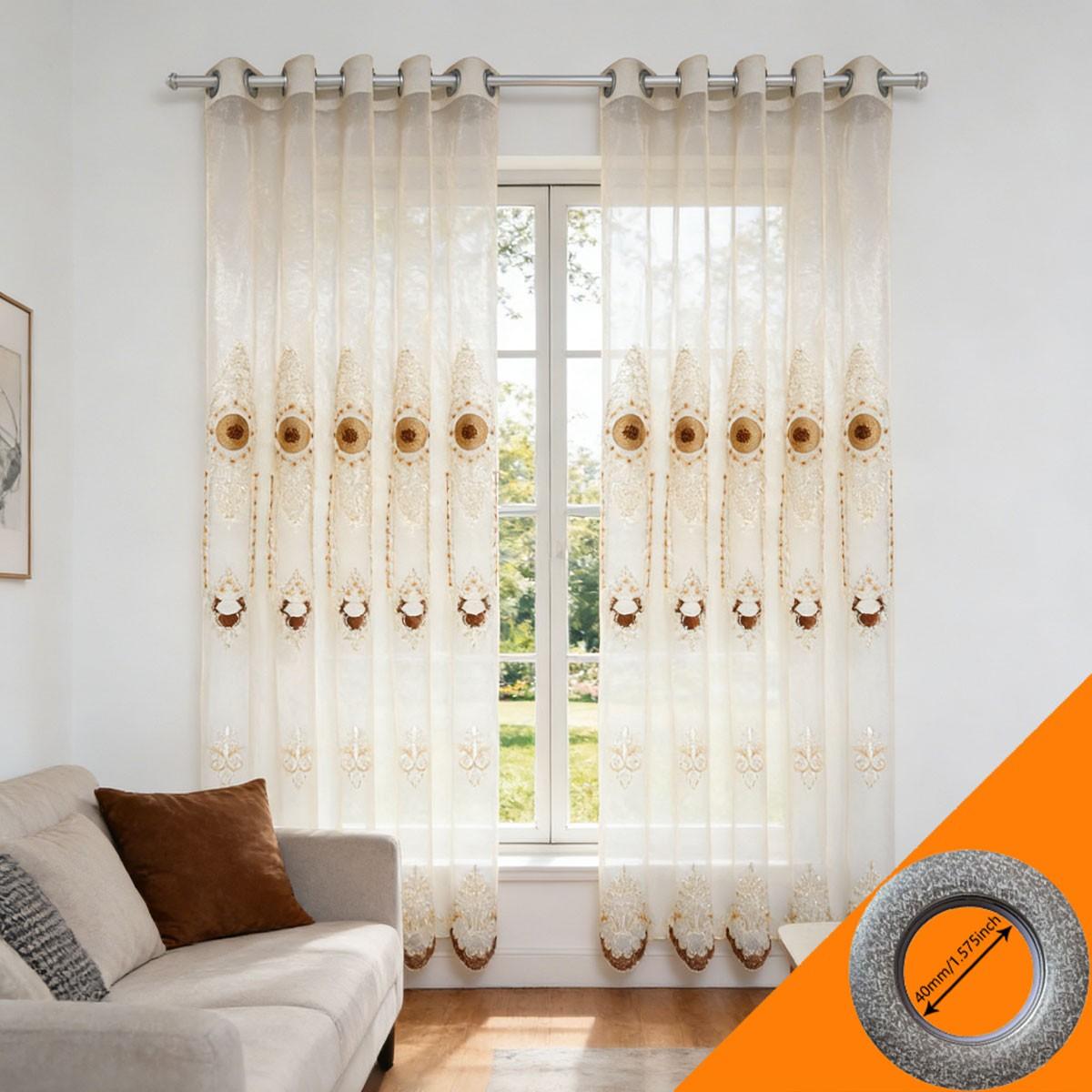2pcs European Luxury Rice Gold Heavy Embroidered Sheer Curtain, Living Room Floor-To-Ceiling High Transparency Window Shade, Pierced Cream Style Balcony Curtain