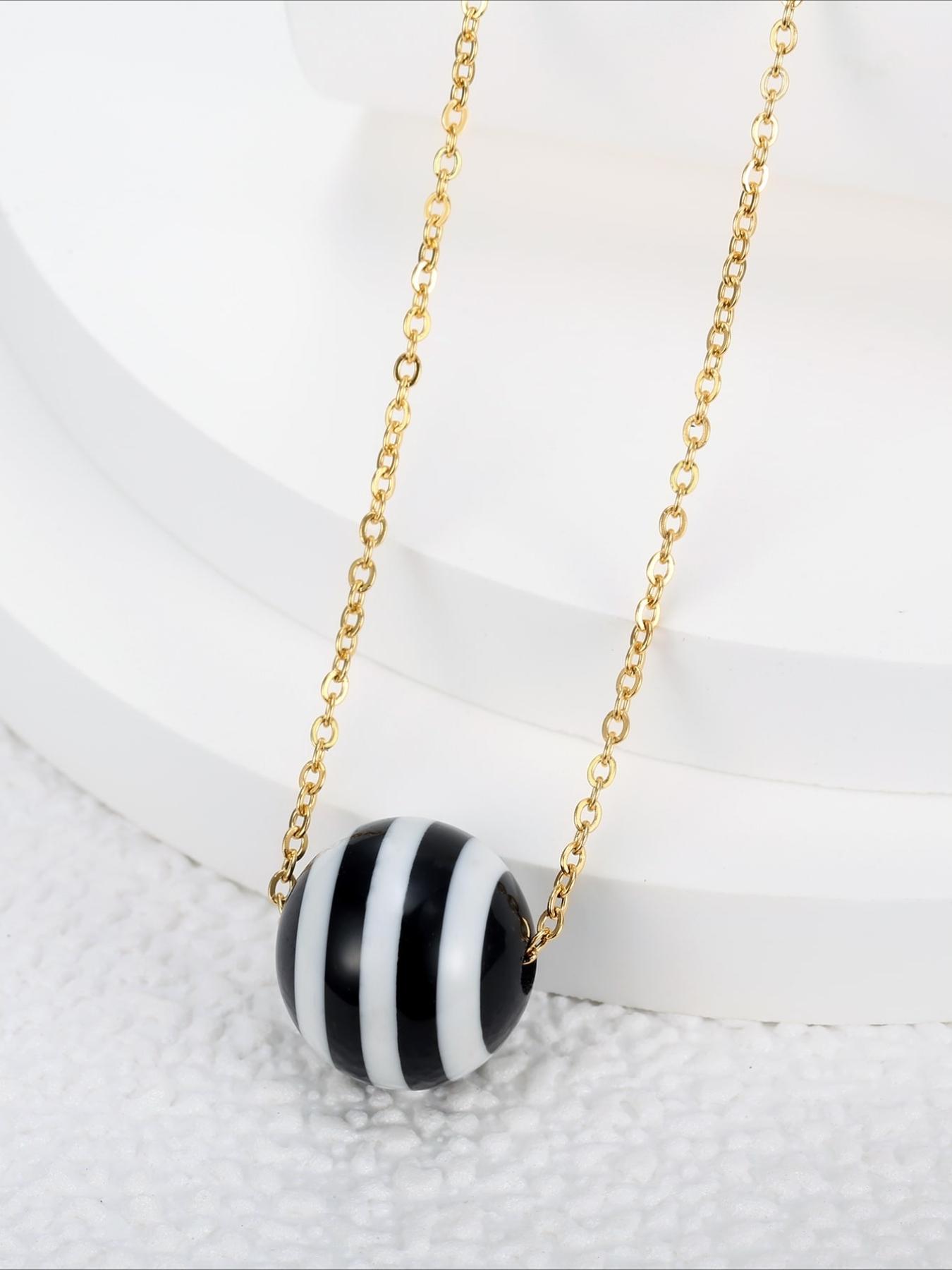 Summer Seaside Blue and White Striped Round Bead Necklace Stainless Steel Non Fading Seaside Vacation Versatile Accessories