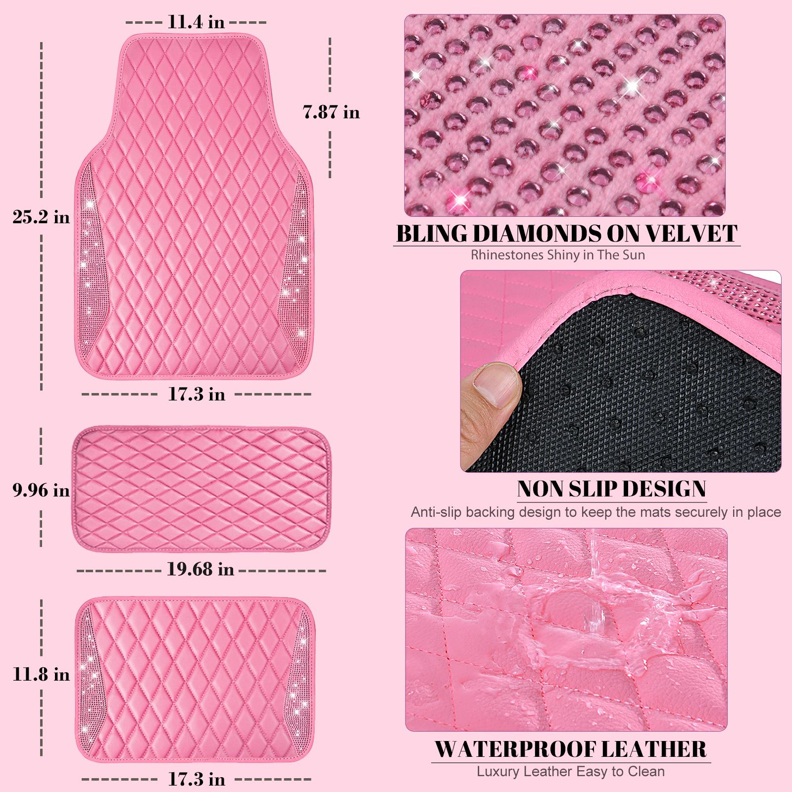 CAR PASS 5pcs Pink Bling Leather Car Mats Shining Diamond Rhinestones Sparkly Anti-Slip Waterproof Universal Fit Automotive SUV,Sedan,Van,Girl Women