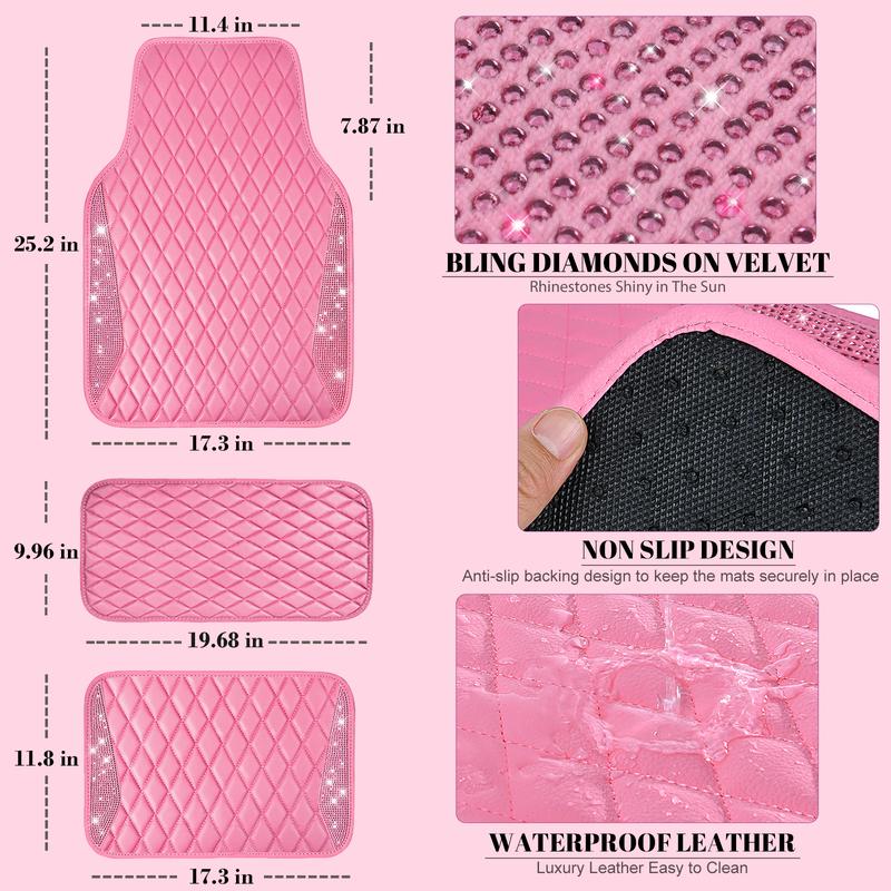 CAR PASS 5pcs Pink Bling Leather Car Mats Shining Diamond Rhinestones Sparkly Anti-Slip Waterproof Universal Fit Automotive SUV,Sedan,Van,Girl Women