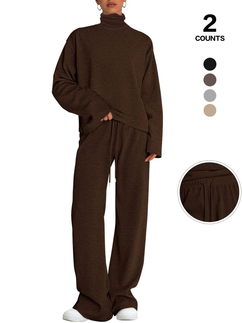 Women's 2 Piece Set Outfits Lounge Sets Ruched Short Sleeve Tops High Waisted Wide Leg Pants Tracksuit Sets, Elegant and casual high-round-neck long-sleeved basic two-piece set Casual Loungewear Set