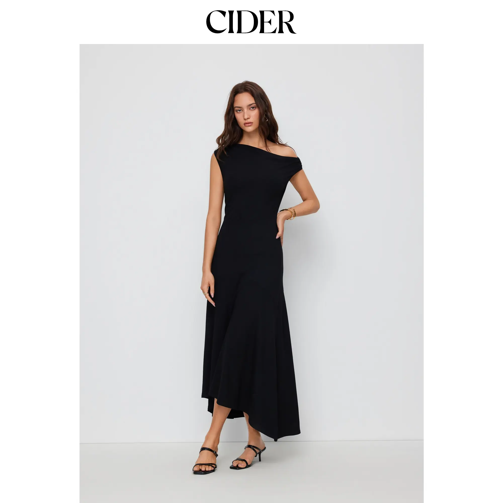 Cider Asymmetrical Neck Ruched Maxi Dress