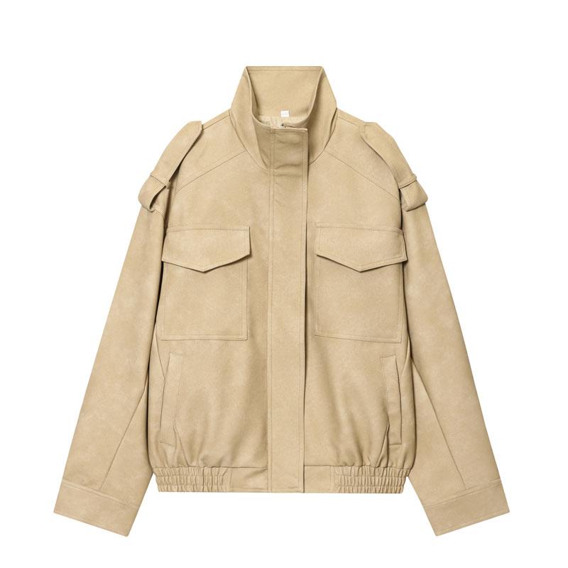 Women's Winter Fitted Jacket Zipper Oversized Stand Collar Multiple Pockets Workwear Street Style Casual Layered Outerwear