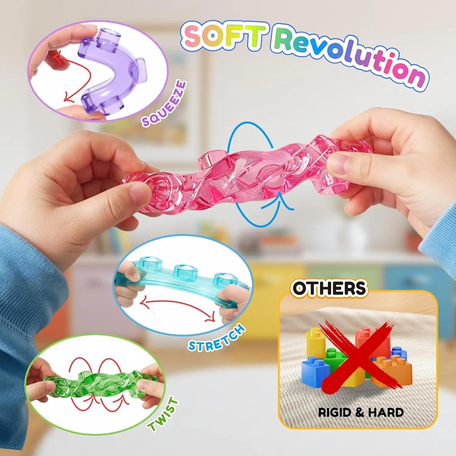 Multi-colored stackable jelly building block toy set, jelly soft building blocks, non-toxic sensory tactile toy, safe, soft, squeezeable and stretchable, suitable for early education and STEM creative building for children aged 3 and up, birthday gift.