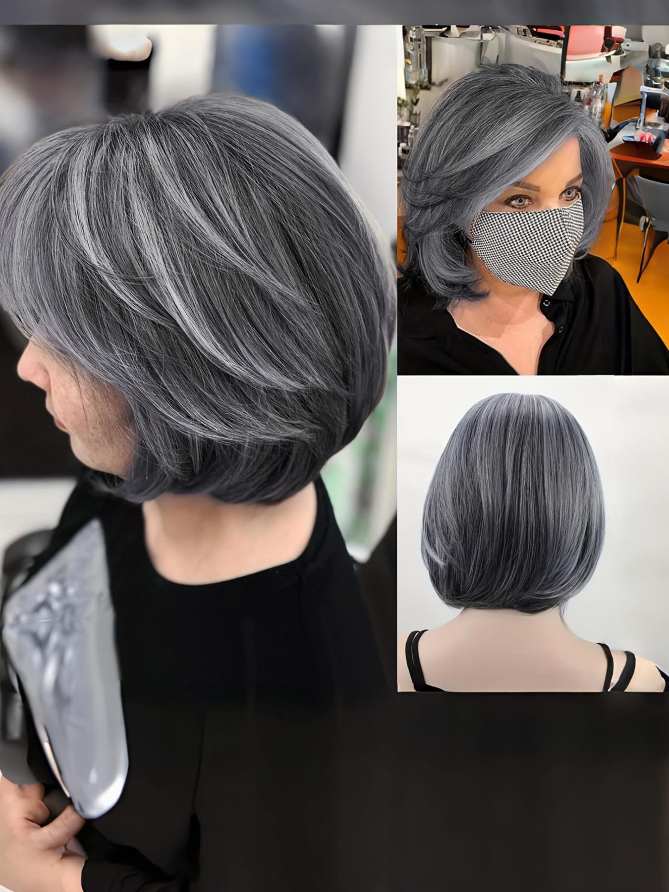 Silvery Wavy Bob Wig, Layered Synthetic Ombre Short Straight Hair, High Temperature Fiber, Rose Net Cap for Daily & Party Use, Straight Bob Wigs, Layered Cut Wig, Layered Haircut Wig, Daily Wear Wig