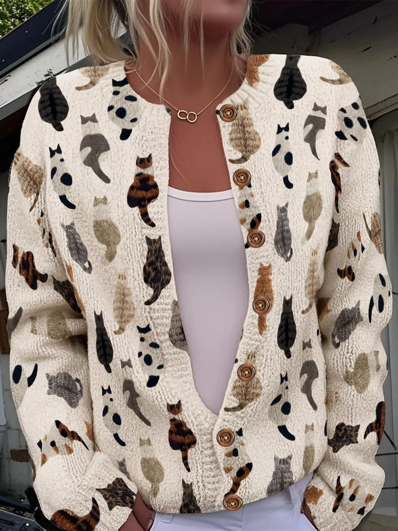 Women's Casual Cat Pattern Open Front Knitting Relaxed Cardigan, Lightweight Long Sleeve Pullover with Buttons, All Seasons Loose-Fitting Top