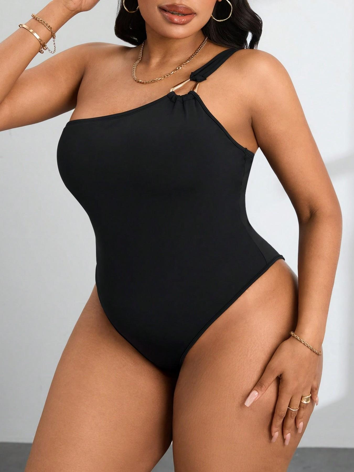 Plus Size One-Shoulder Metal Ring High Split Bodysuit, Waist Cinching Slimming Design, Perfect for Summer Daily Wear and Beach Vacation Plus Size One-Shoulder Metal Ring High Split Bodysuit, Waist Cinching Slimming Design, Perfect for Summer Daily Wear and Beach Vacation