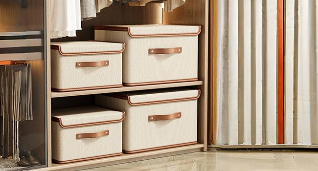 2 Pack Storage Bins with Lids, Collapsible Closet Organizer Container, Fabric Organizer Box with Handles, Decorative Storage Boxes with Lids for Organizing Clothes, Books, File, White, Large