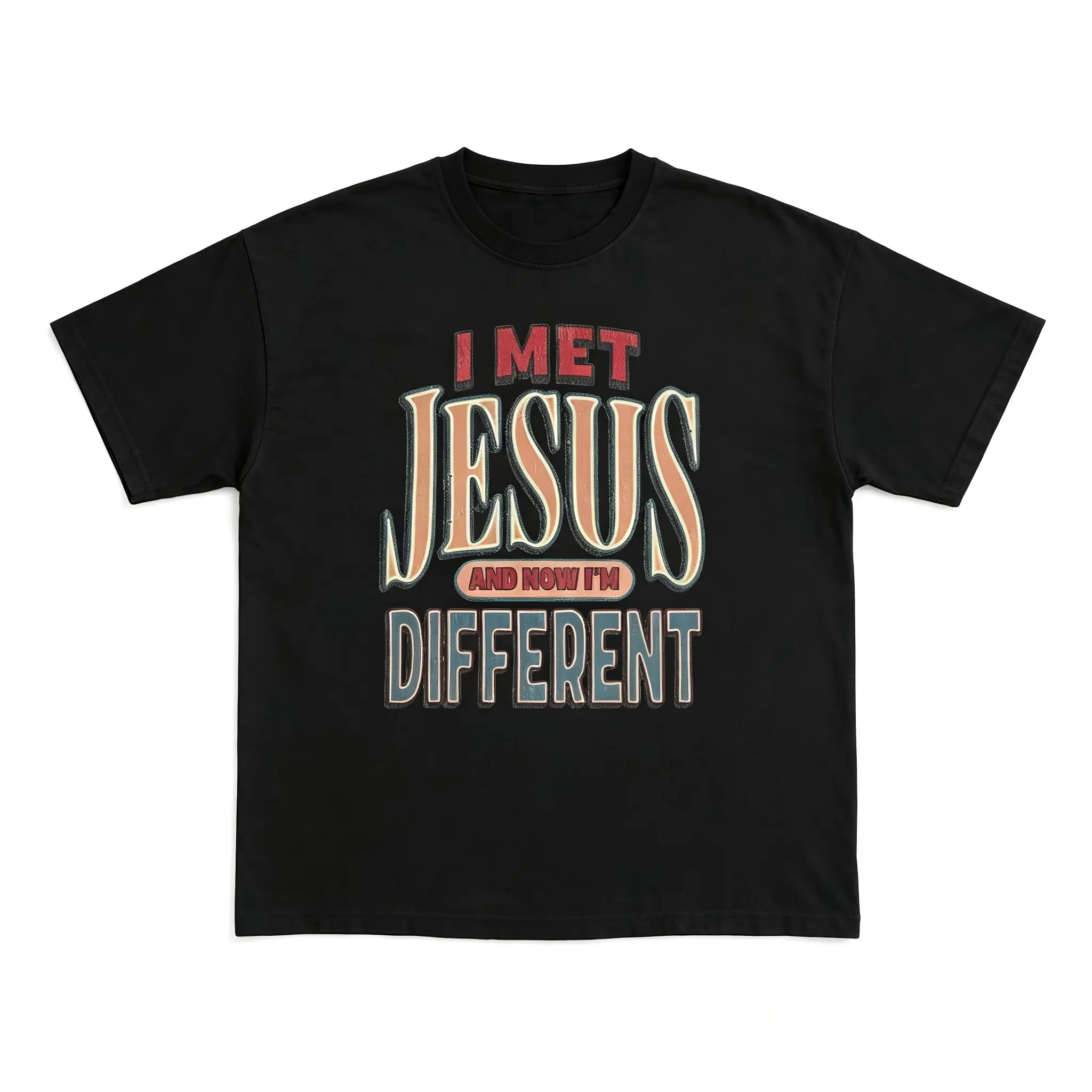 Unisex I Met Jesus And Now I'm Different Print T-shirt, Cotton Vintage Faith Slogan T-shirt, graphic tee, shirts men, gym tee, jesus gift