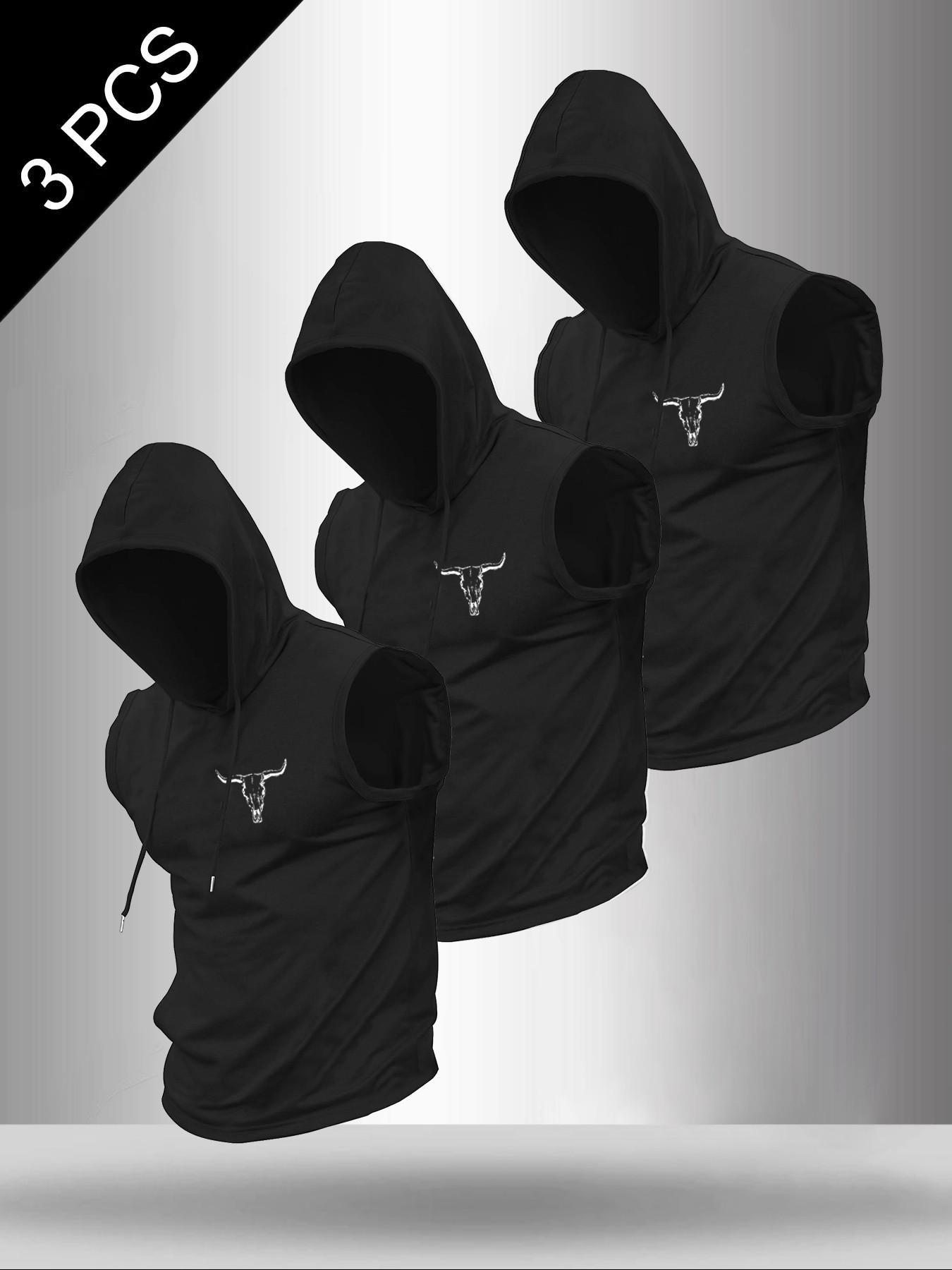 Men's 3-Piece Set Bull Head Print Round Neck Sleeveless T-Shirt, Casual Comfortable Hooded Vest, Summer Outdoor Fitness Wear