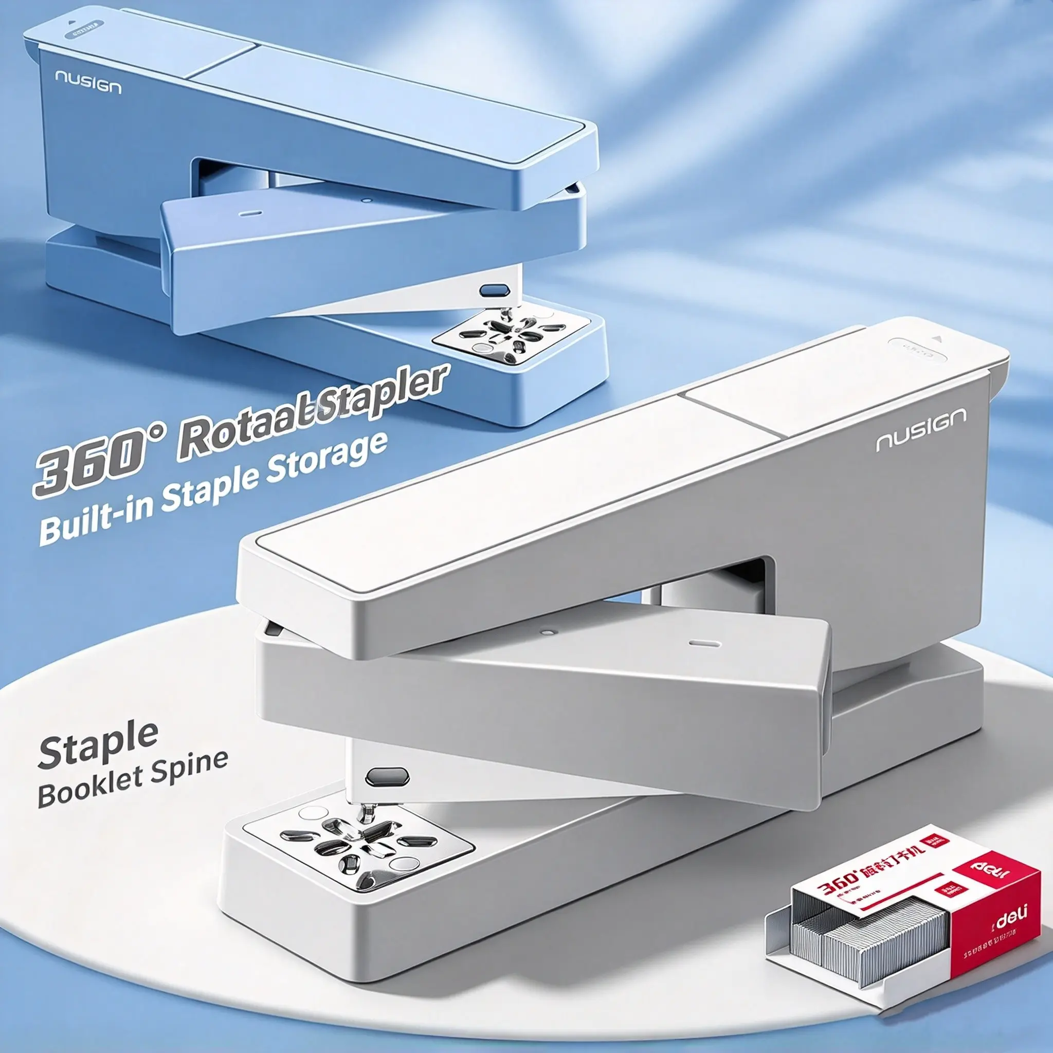 Deli 360° Rotatable Stapler, Large Binding Machine, Staples 50 Pages, Center Seam, Student Office Multifunctional High-End Stapler, Office Accessories