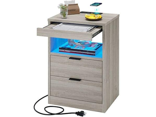 Sikaic Nightstand With Pull-Out Shelf Wireless Charging Station And LED Lights led nightstand Furniture Bedroom Bedside Table Drawer Storage Modern Minimal Home Wood