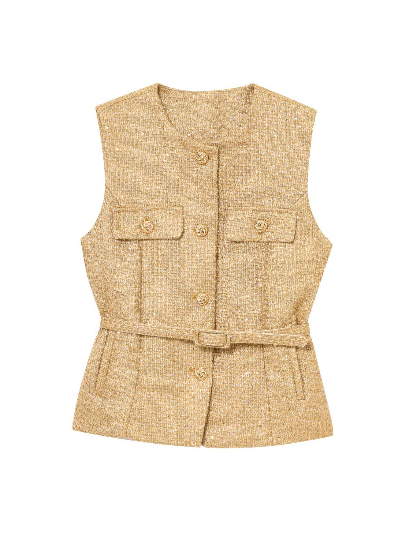 Women's Elegant Belted Sequined Vest, Round Neck Sleeveless Single Button Fitted Jumper, Vintage Fashion Commuter Style, Casual Daily Wear