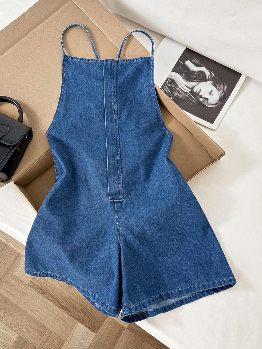 Elegant Backless Denim Jumpsuit for Women, Tie-Waist Slimming Wide Leg Shorts, Summer Fashion One-Piece