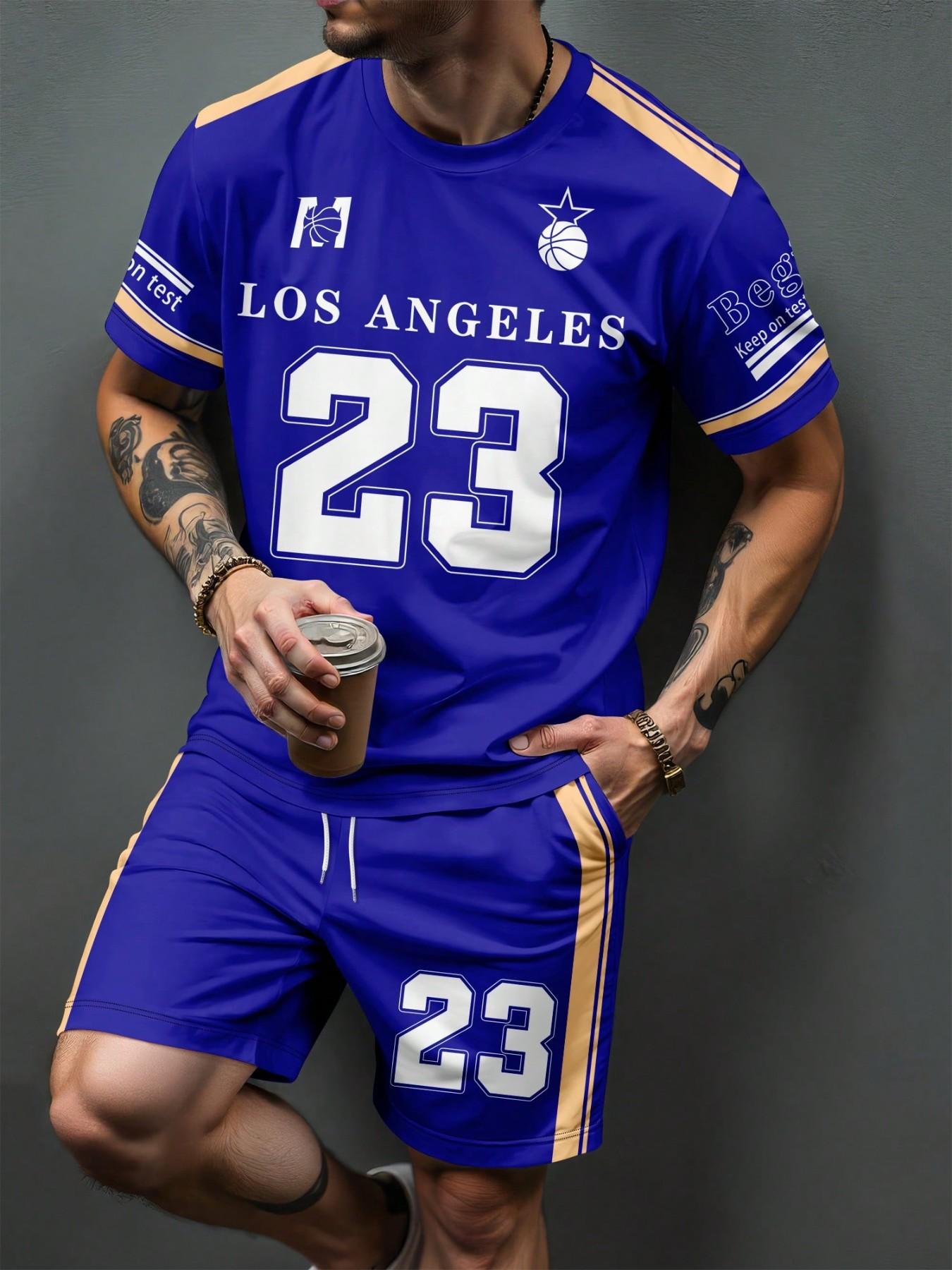 Men's 2-Piece Summer Set, Short Sleeve Printed T-Shirt & Shorts, Casual Fitted Style, Above the Knee, Trendy Summer