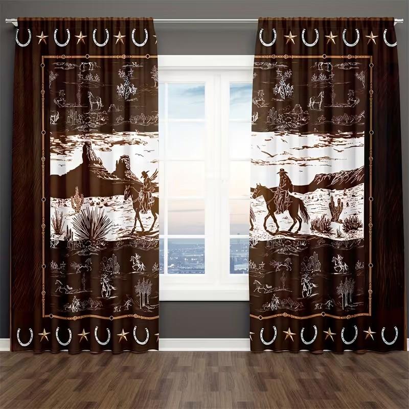 2 pieces of high-definition digital 2 Western-style cactus and palm brown design printed curtains. Made of polyester, semi-transparent, machine washable, suitable for bedrooms, living rooms and home decoration curtains.