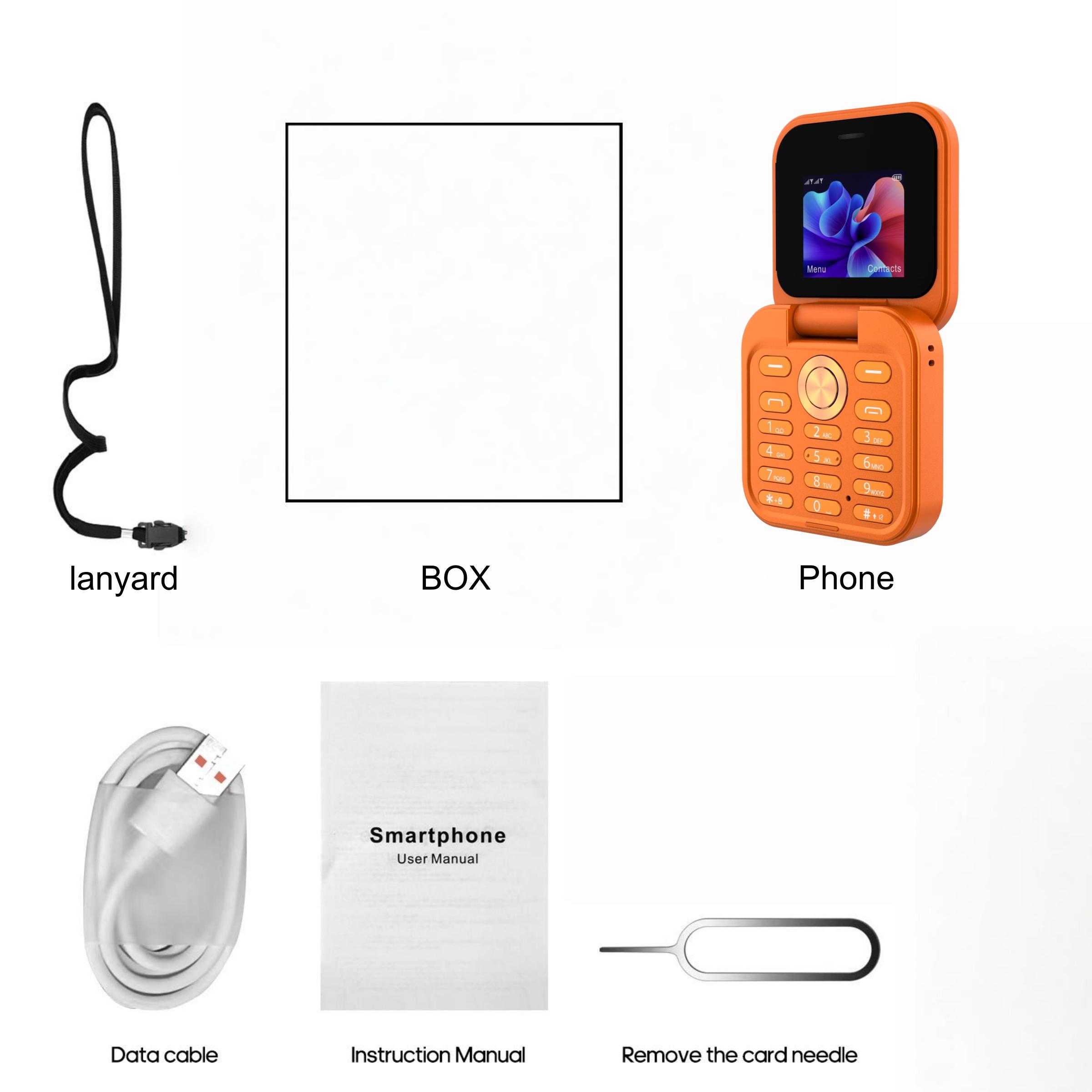 FUFFI fashionable mini folding clamshell phone with 2G network, 1.77-inch high-definition screen, dual SIM dual standby, 1000 mAh battery, flashlight/ music/ video/ convenient lanyard/ maximum support for 8GB capacity expansion