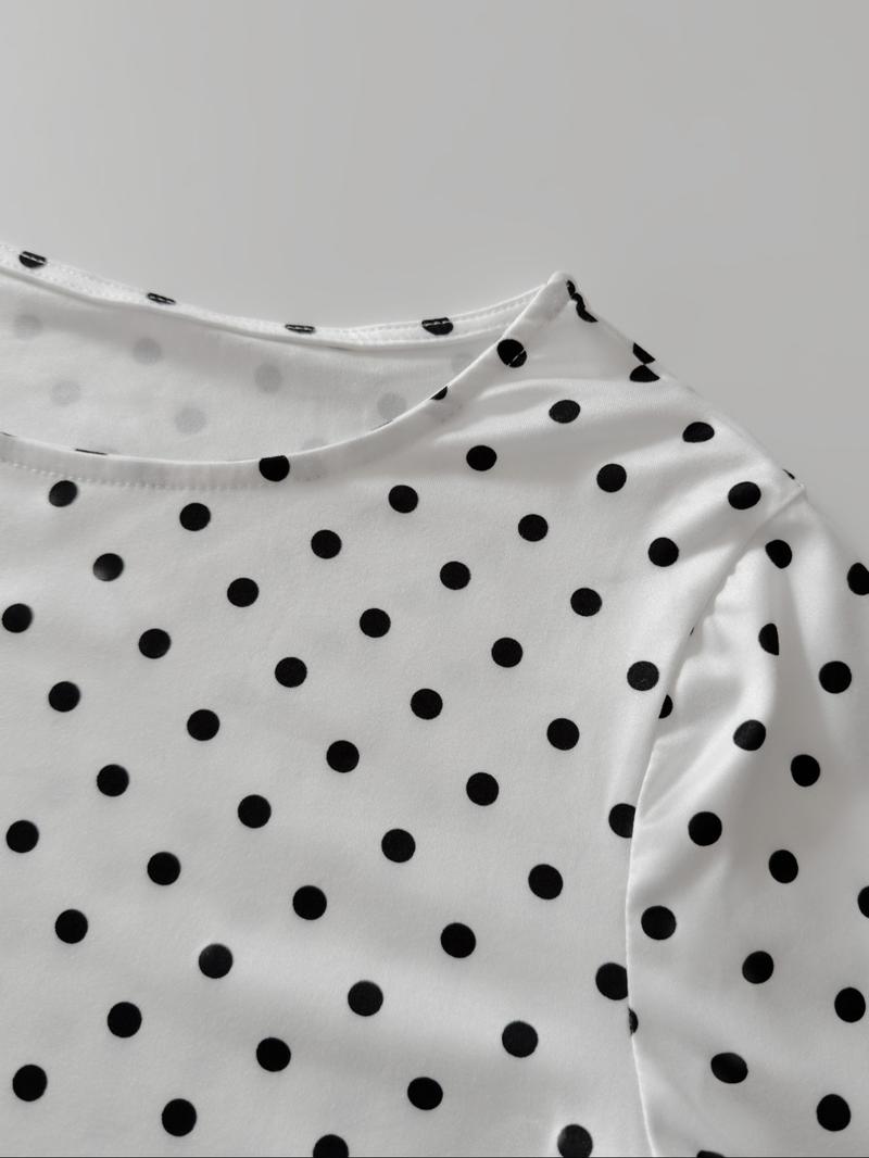 Women Polka Dot Top Long Sleeve Blouse Slim Fit Shirt Stretch Knit Top White Dot Print Top Retro Style Blouse Casual Daily Wear Minimalist Round Neck Tee Soft Cotton Top Elegant Office Wear Classic Dot Pattern Fitted Long Sleeve Top Womenswear