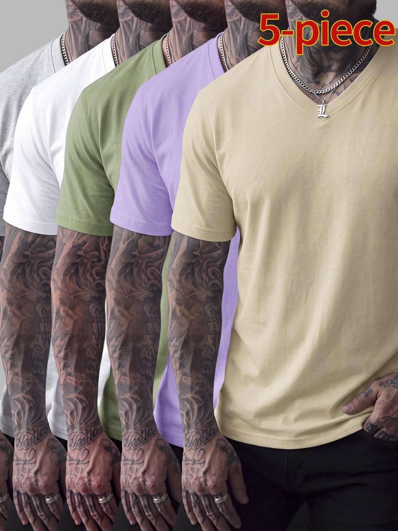 5-Pack Men's Slim Fit Cotton V-Neck T-Shirts, Casual Classic Short Sleeve Basic Daily Wear, Comfortable Solid Color Tees, Essential Clothing