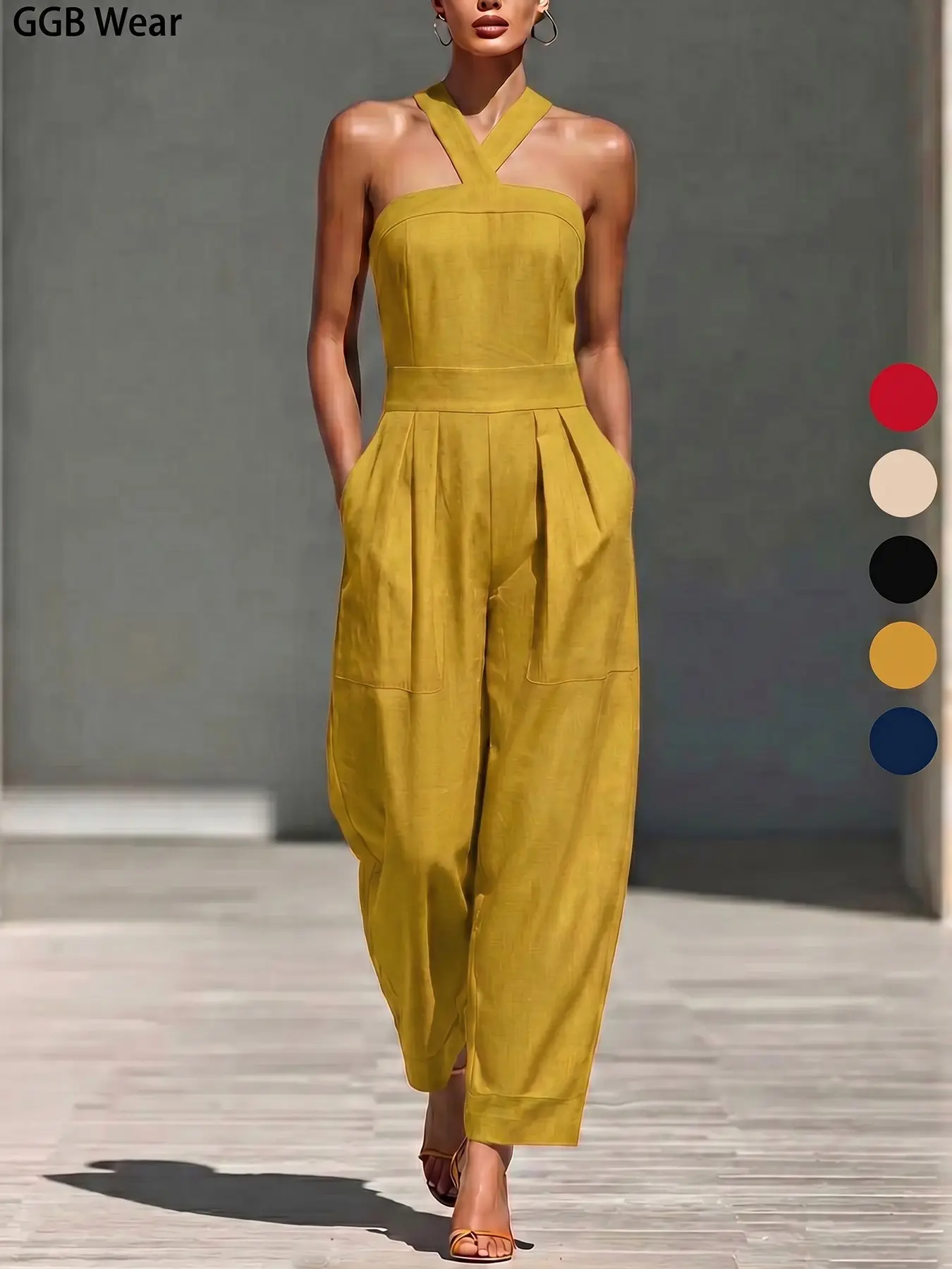Women's Mustard Jumpsuit, Casual Slim-Fitting Cross Neck Design, Plain Pattern Unlined Bottoms, Spring Summer New Arrival