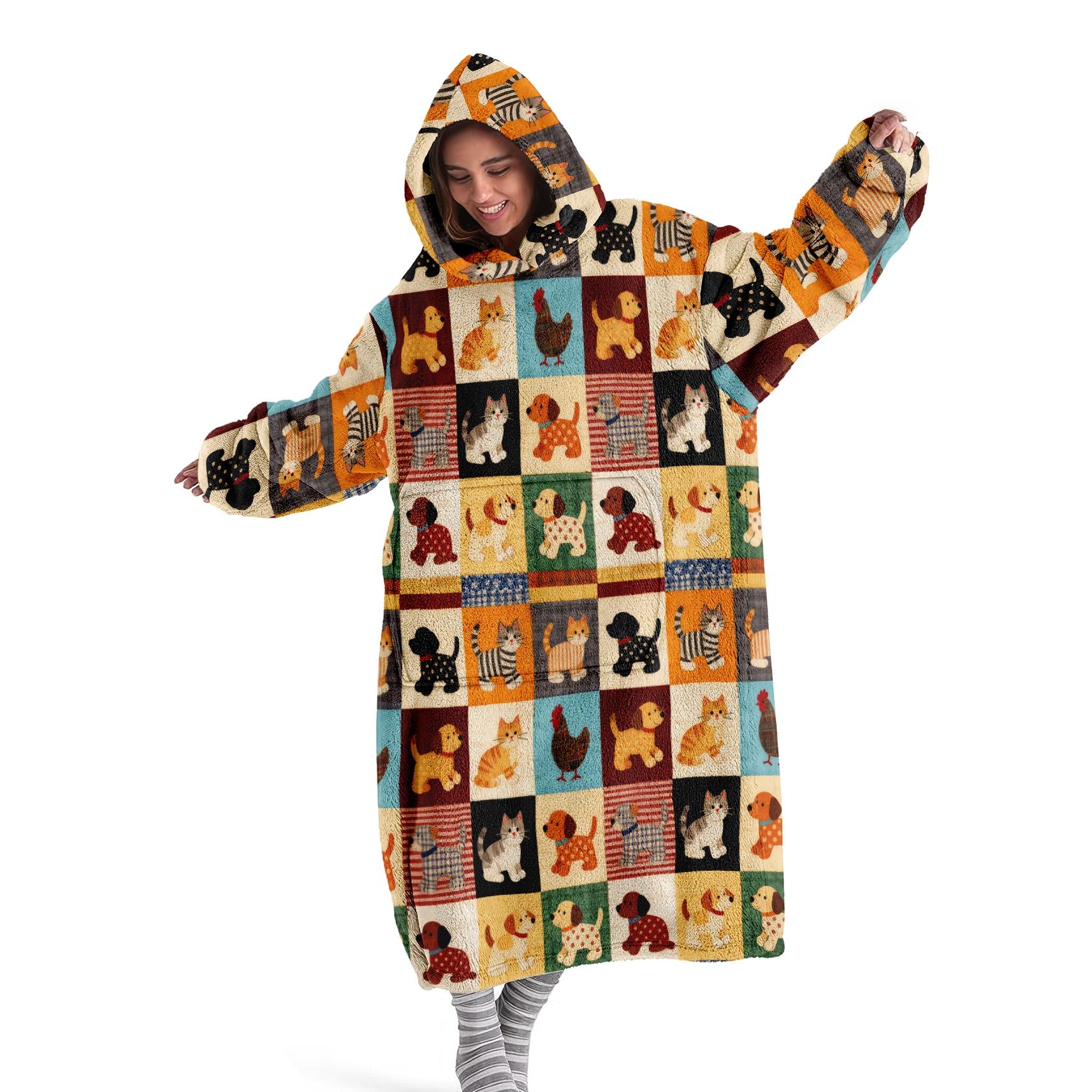 Hooded Blanket Wearable Throw, Patchwork Chicken Hoodie Blanket, Digital Print Flannel Soft Warm Blanket for Sofa Home Leisure Air Conditioning Nap Office Bed Camping Travel Gift，Christmas Gift, Valentine's Day gift #GLOBAL PICKS