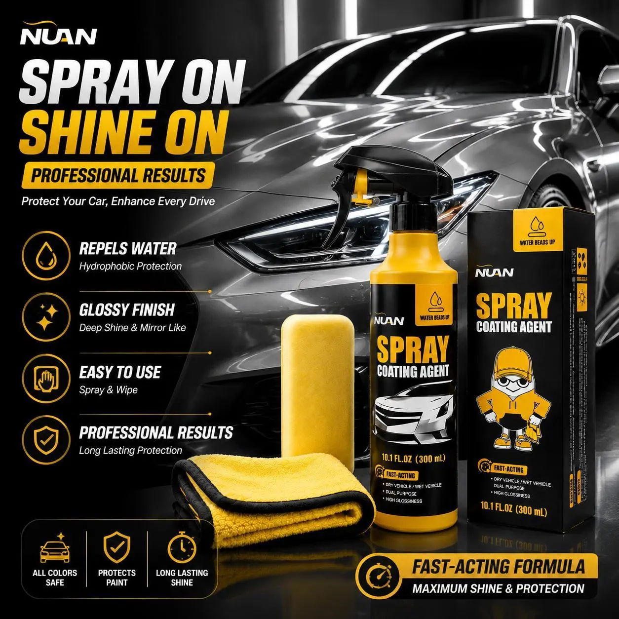 NUAN Automotive Coating Spray - No Protective Car Paint Coating, High-Gloss Water Beading Auto Detailer for Wet or Dry Vehicles