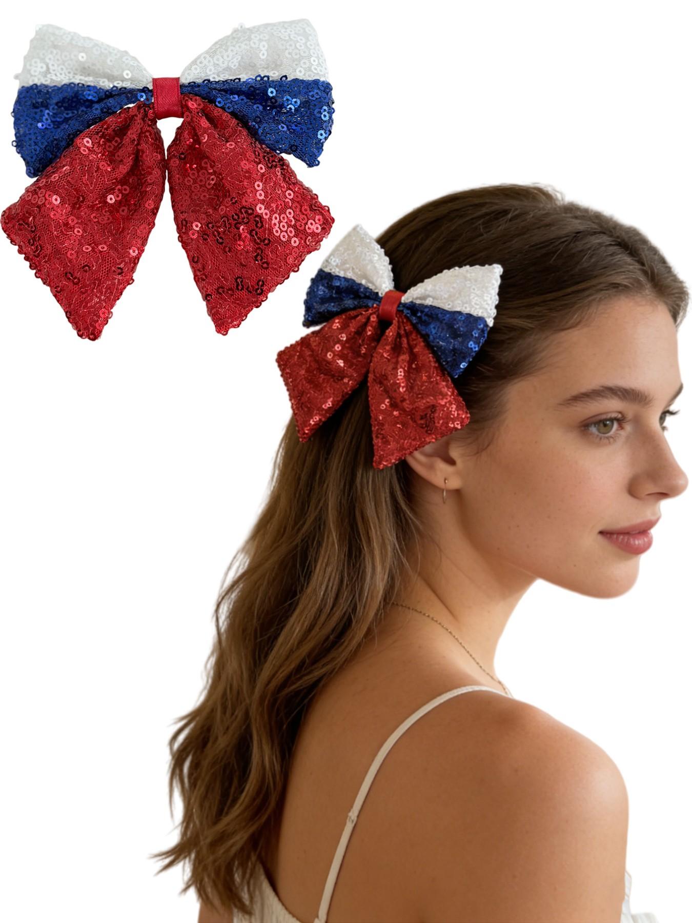 Women's Independence Day Hair Clips Blue Sequins Bow Patriotic Theme Party Headwear, 2pcs Ladies Hair Accessories