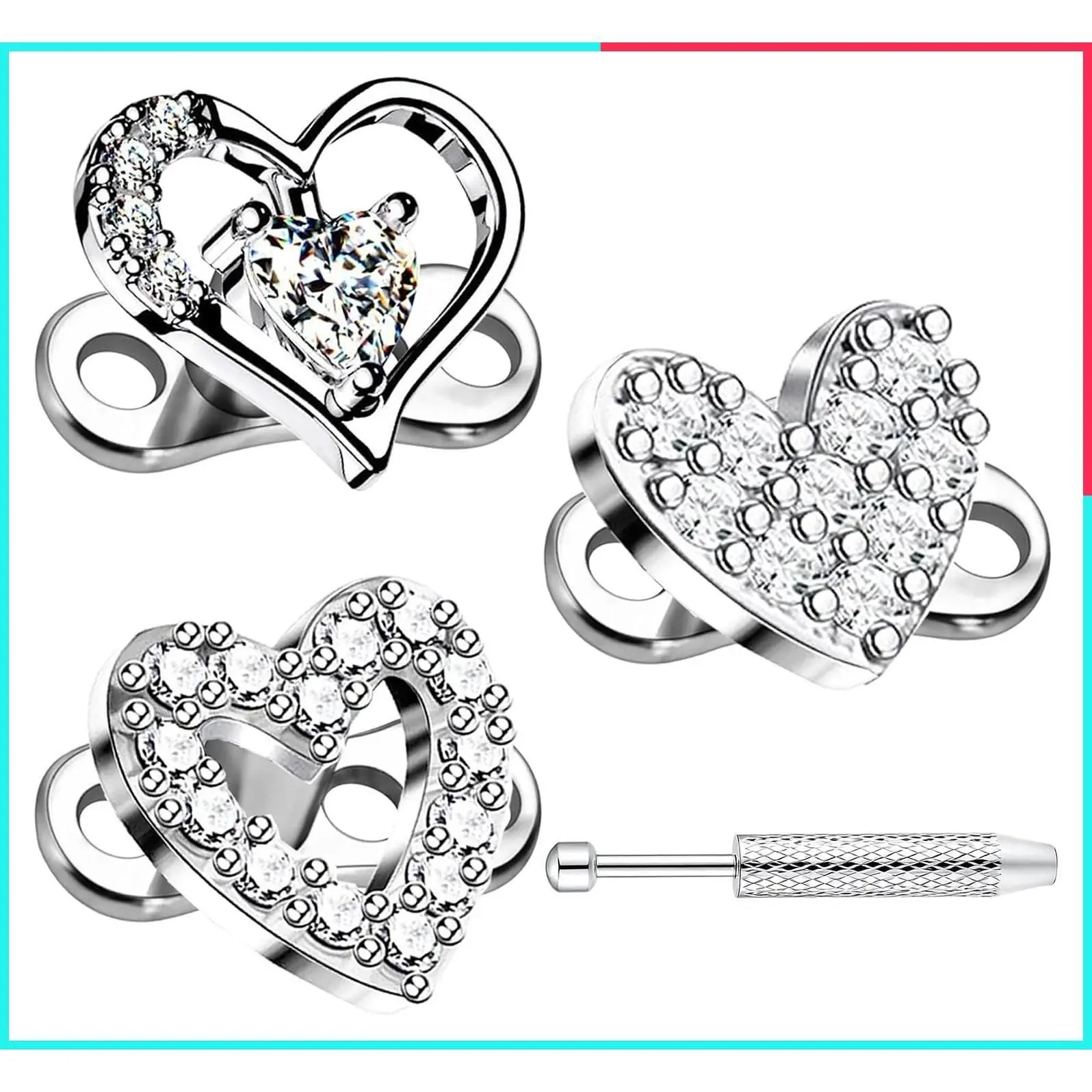 3 Pcs Heart Stainless Steel Microdermal Anchor Tops and Base Body Piercing Kit with Grabber, Punk Studs Jewelry for Women Men