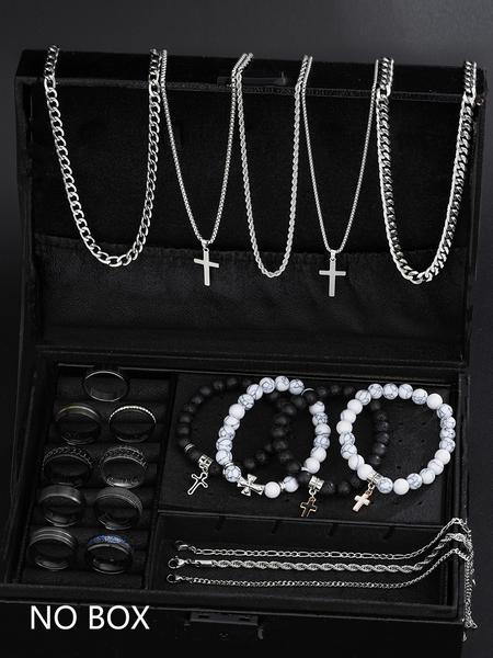 Men's Stainless Steel Jewelry Set, Casual Cross Necklace & Bracelet Pair, All-Seasons Accessory Gift for Birthdays & Dates